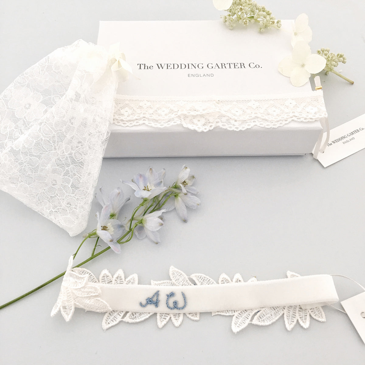 Super sleek lace leaf wedding garter with &#39;something blue&#39; crystals - &#39;Elme&#39;