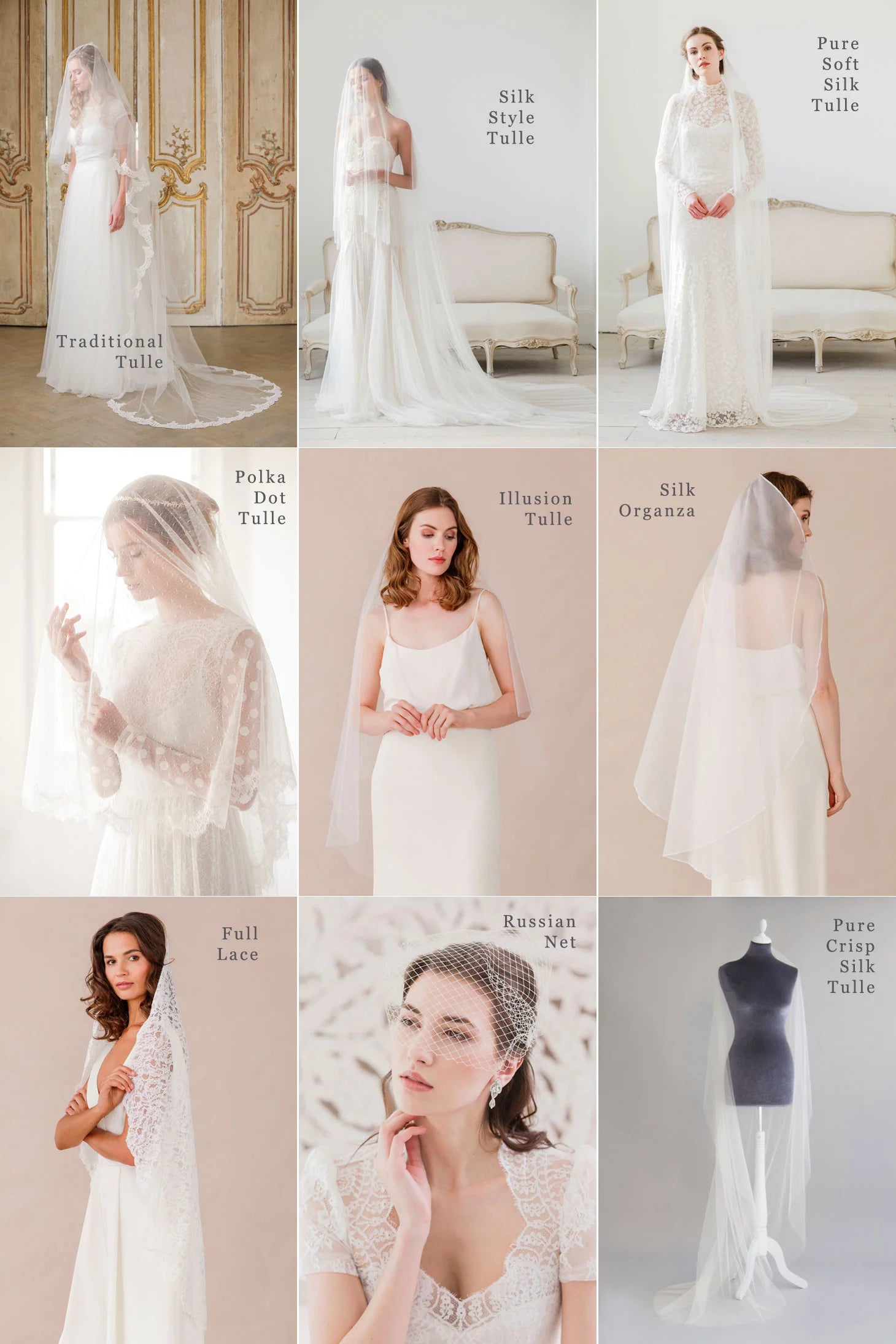 Wedding veil fabric guide – different veil materials displayed on models and a mannequin, including Traditional Tulle, Silk Style Tulle, Pure Soft Silk Tulle, Polka Dot Tulle, Illusion Tulle, Silk Organza, Full Lace, Russian Net, and Pure Crisp Silk Tulle. A guide to choosing the perfect veil fabric for a bridal look.