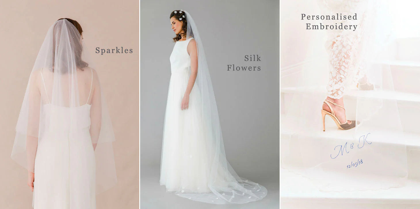 Wedding veil finishing touches – three bridal veils with unique embellishments: a sparkly veil with delicate shimmer, a silk flower-adorned veil, and a personalised embroidery veil featuring initials and a wedding date. A guide to customising wedding veils for a unique bridal look.