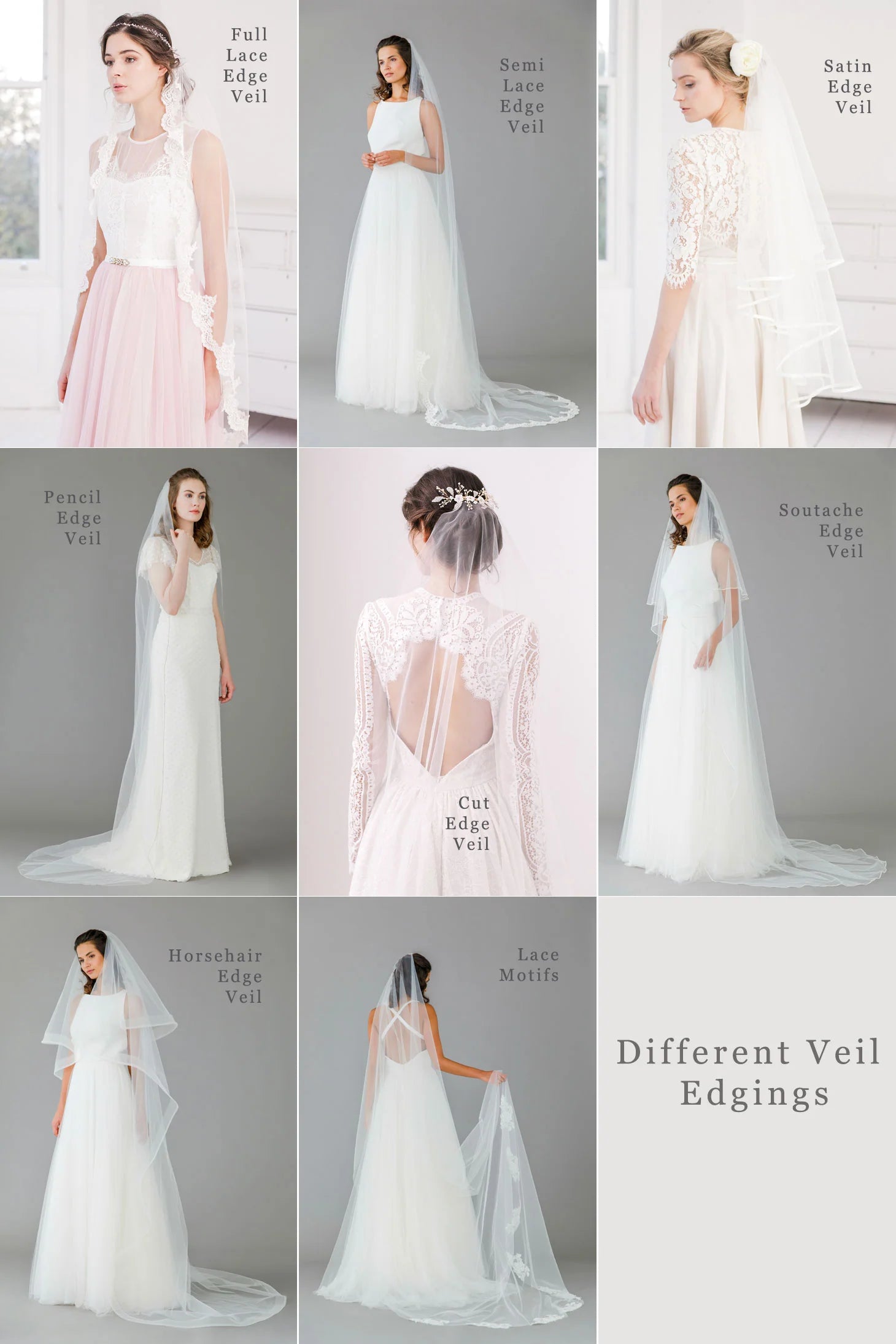 Wedding veil edging guide – different veil edge styles displayed on models, including Full Lace Edge, Semi Lace Edge, Satin Edge, Pencil Edge, Cut Edge, Soutache Edge, Horsehair Edge, and Lace Motifs. A bridal veil guide to help brides choose the perfect finishing touch for their wedding veil.