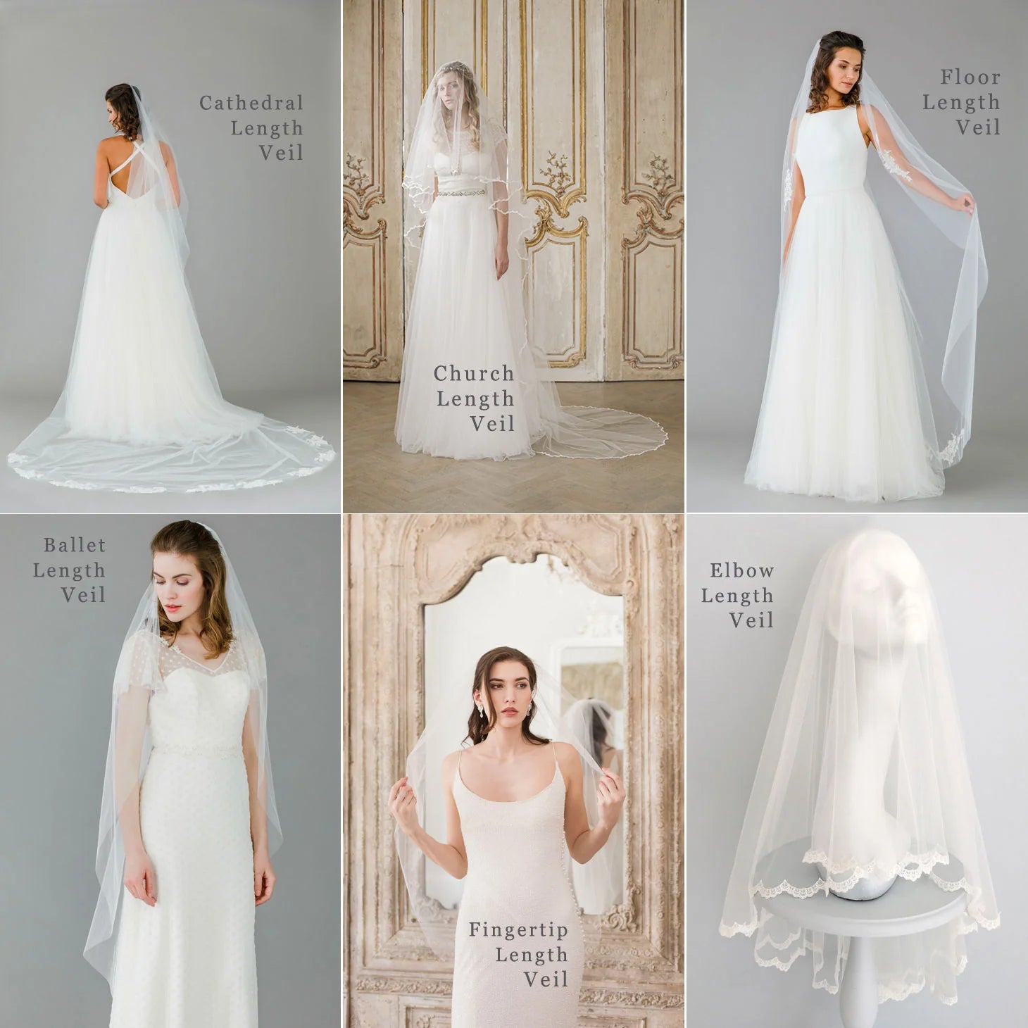 Wedding veil length guide – six veil styles displayed on models and a mannequin, showing different lengths: Cathedral, Church, Floor, Ballet, Fingertip, and Elbow length veils. Find the perfect bridal veil for your wedding dress.